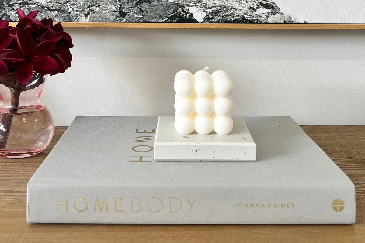 Caesarstone Frozen Terra. Candle Tray with Studio McKenna bauble candle.