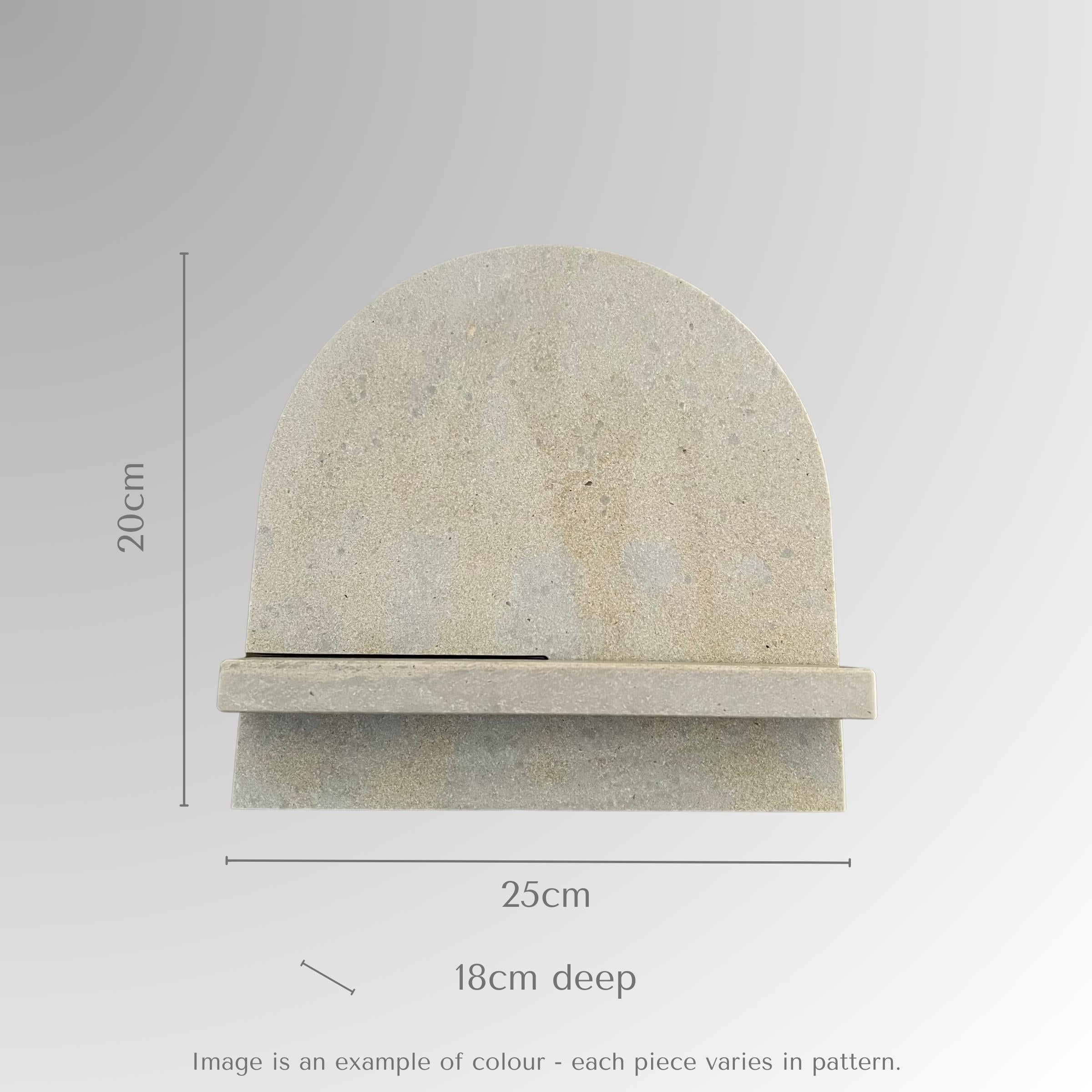 Stone Cookbook Stand in Caesarstone Primordia. Made from quality marble like material. Arch shape. Shown with measurements.