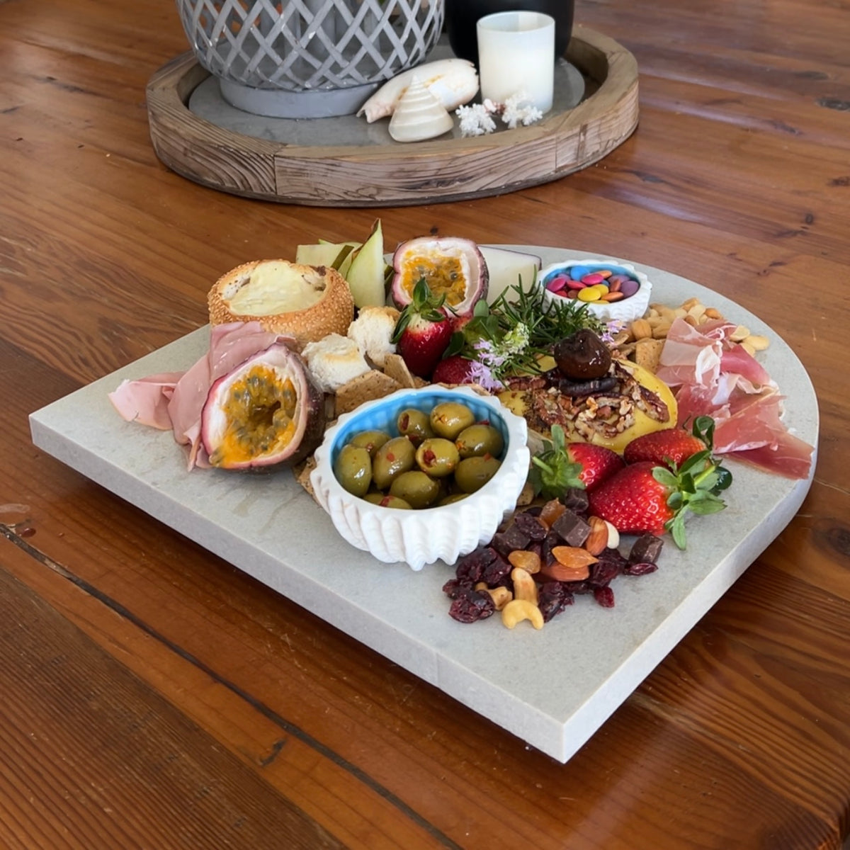 Extra Large Grazing Platter styled with fresh fruit, cheese and cured meats. Grazing board is like a marble platter.