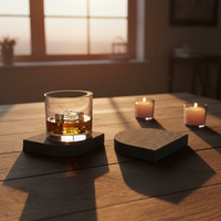 Glass of whiskey with ice cubes on arch stone coasters on a wooden table with candles in the background