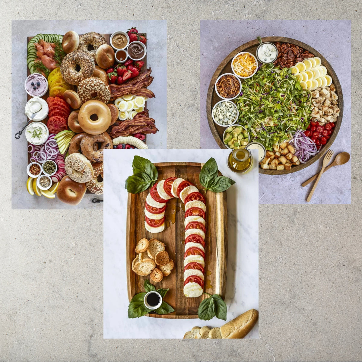 Beautiful Boards Cookbook by Maegan Brown - The BakerMama. Example images of gathering boards bagel board, build your own Caesar Salad, Candy Cane Caprese Salad.