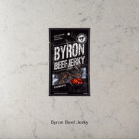 Byron Beef Jerky package on a concrete surface. Unique Father’s Day gifts.