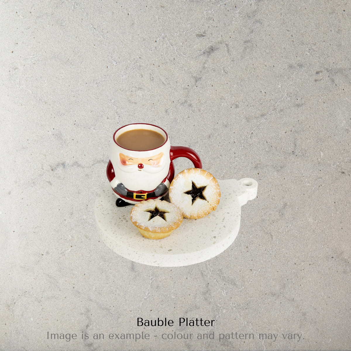 Christmas bauble shaped Christmas platter in Caesarstone Nougat. Shown with Santa Coffee Mug and Fruit Mince Tarts.