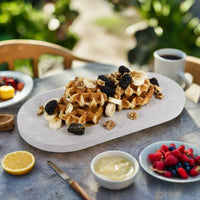 Caesarstone Clamshell, Double Arch, Serving Platter,  Brunch Idea, Waffles, Berries, Banana, Walnuts, Maple Syrup. House warming gift.