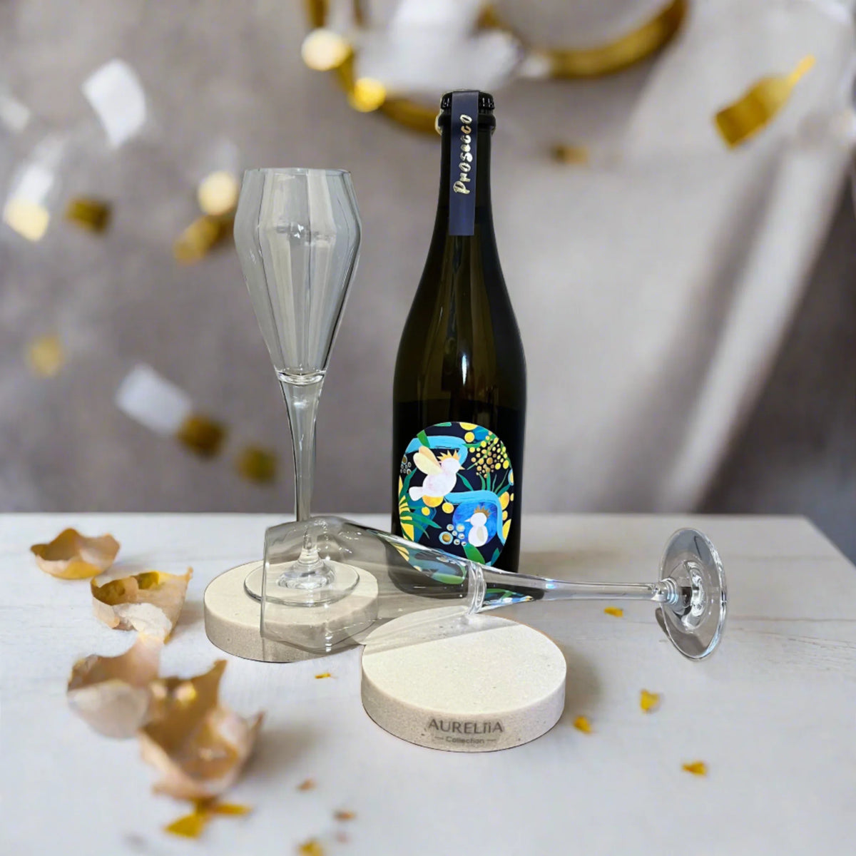 Just a Glass - King Valley Prosecco Just a Bottle, with DStill Unbreakable Prosecco Glasses, Aureliia Collection Coasters and confetti.