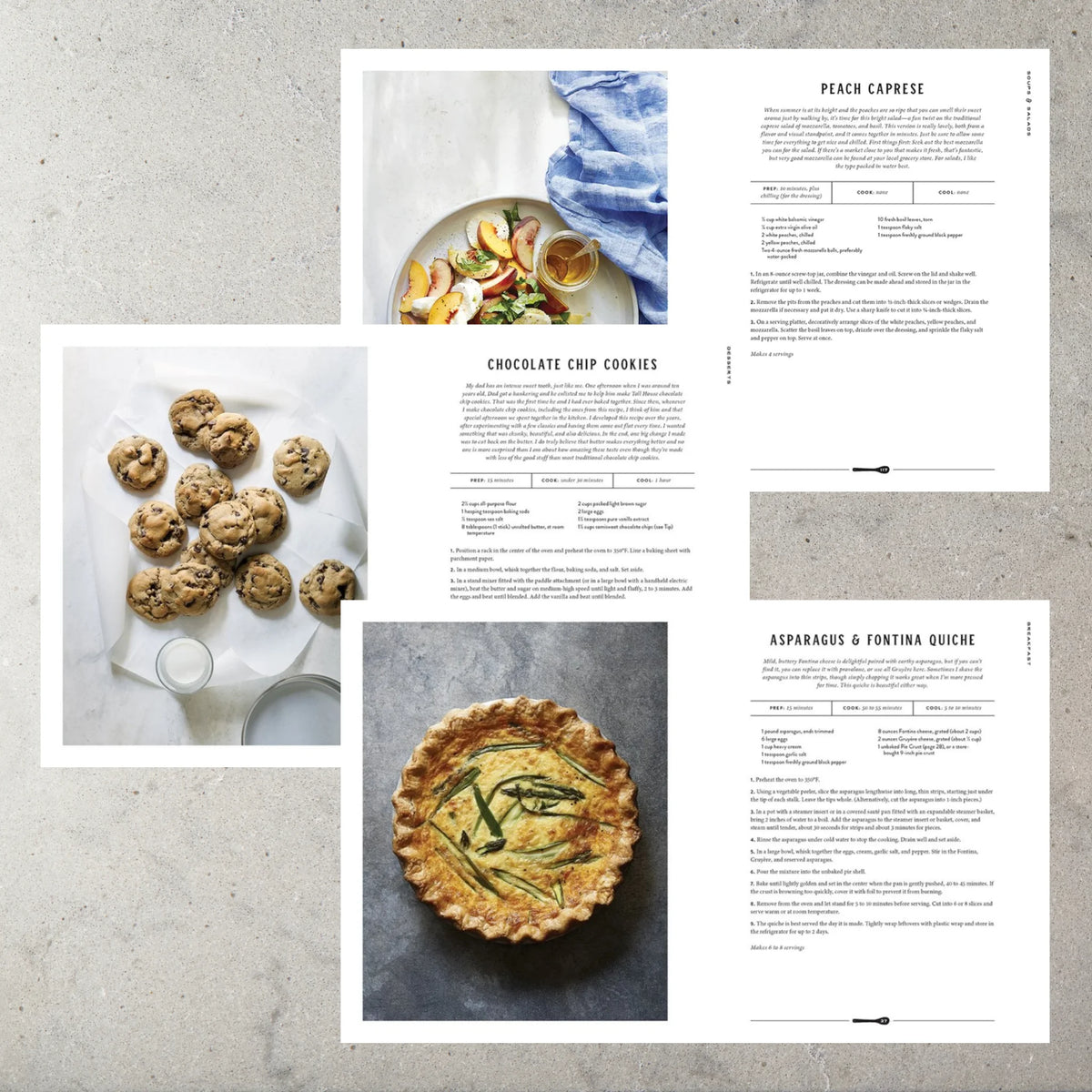 Magnolia Table Cookbook with hard cover by Joanna Gaines. Image shows examples Peach Caprese, Chocolate Chip Cookies and Asparagus & Fontina Quiche.