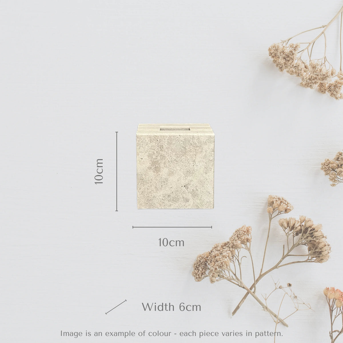 Showing measurements for solid stone mini vase in Caesarstone Primordia with mini dried flower posy. This is the gift to buy when you think what to buy for someone that has everything.