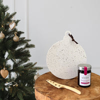 Christmas bauble shaped Christmas platter in Caesarstone Nougat with Beerenberg Cheese Condiment and Bamboo Cheese Knife.