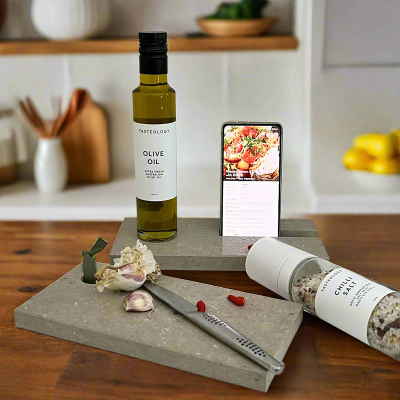 Caesarstone, prep board, Tasteology Olive Oil, Tasteology Chilli Salt, Garlic, Chili